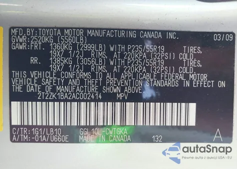 2010 Lexus Rx 350 z USA, uszkodzony, nr VIN 2T2ZK1BA2AC002414